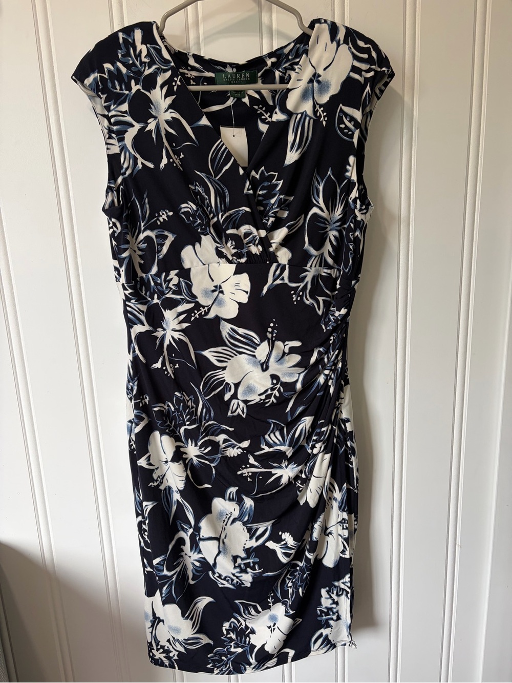 NWT Lauren Ralph Lauren Navy White Floral Ruched Faux Wrap Sheath Dress 14P - Picture 1 of 11